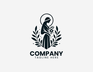 Obraz premium Serene robed female figure with halo holding flowers in elegant black vector logo illustration style