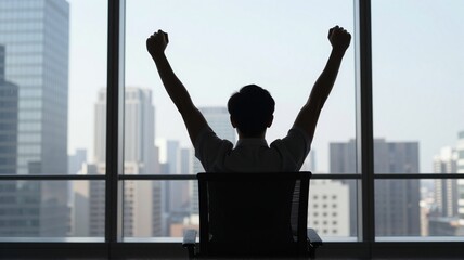 Obraz na płótnie Canvas Silhouette of successful businessman celebrating achievement with arms raised in modern office with city view