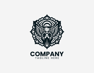 Obraz premium Praying angel with wings and ornamental circular background in black vector logo illustration style
