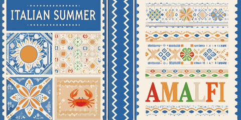 Colorful italian summer postcard featuring amalfi coast tile patterns and motifs © Prosit