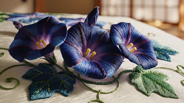 刺繍の朝顔が美しく咲く