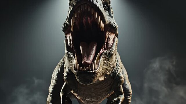 Roaring Dinosaur Studio Shot - A close-up studio shot features a roaring dinosaur with its mouth wide open, exposing sharp teeth and a long tongue.