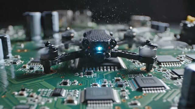 Drone Inspection on a Circuit Board - A close-up video shows a black drone resting on a green circuit board, with a focus on the drone's camera and surrounding components.