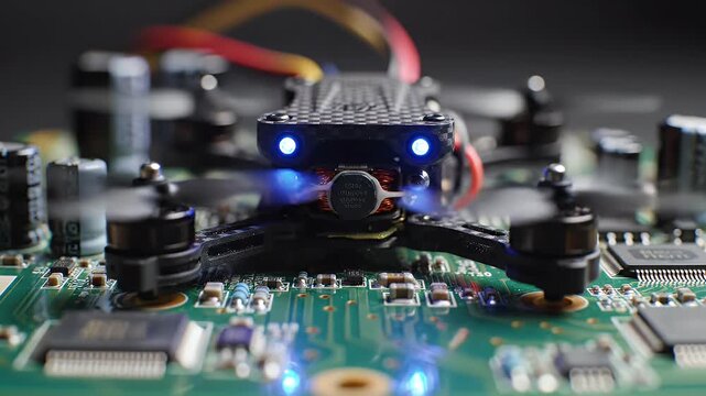 Drone on a Circuit Board Close Up - This close-up shot features a small drone positioned directly on a green circuit board, highlighting the intersection of electronics and unmanned aerial vehicles.