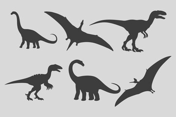 Diplodocus, Raptor, Prehistoric dinosaur silhouett illustration. prehistoric reptile poses set, black isolated Jurassic icons, editable shapes, flat vector illustration bundle design © SAGOR