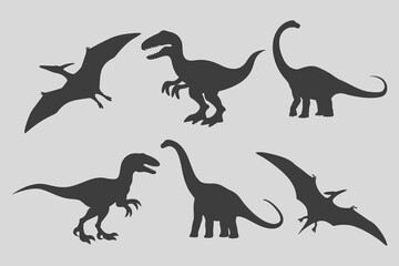 Raptor, diplodocus, prehistoric dinosaur silhouette collection illustration. Dinosaur and Mammoth Vector set. T-Rex, Triceratops, Pterodactyl © SAGOR