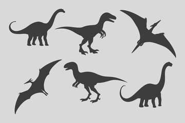 Raptor, diplodocus, prehistoric dinosaur silhouette collection illustration. Dinosaur and Mammoth Vector set. T-Rex, Triceratops, Pterodactyl © SAGOR