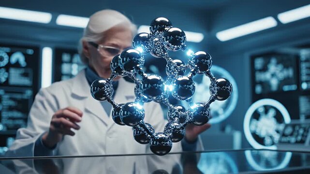 Scientist Arranging Metal Molecular Structure - An elderly scientist in a lab coat carefully arranges metal spheres that seem to levitate, forming a molecular structure.