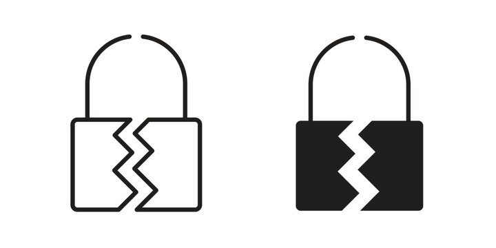 Broken lock icon symbols, Solid black and editable stroke icons
