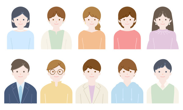 社会人・大学生の人物／男女カラフル笑顔の上半身セット