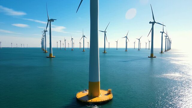 Offshore Wind Farm on a Sunny Day - An expansive offshore wind farm with numerous sleek white wind turbines stands tall in the blue sea under a clear sky.