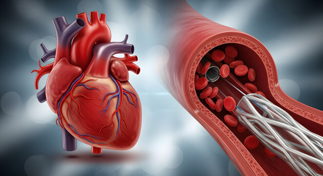 Human heart anatomy alongside a coronary artery stent procedure, illustrating cardiovascular intervention