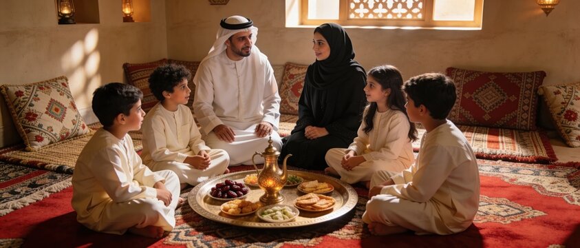 Middle Eastern family sitting on floor in traditional majlis sharing a meal of dates and coffee, parents and three children in ethnic clothing at home with copy space