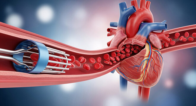 Human heart and artery with a medical stent opening a blocked blood vessel during cardiovascular procedure
