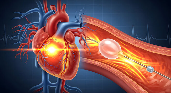 Human heart and artery with balloon angioplasty procedure clearing plaque for improved blood flow