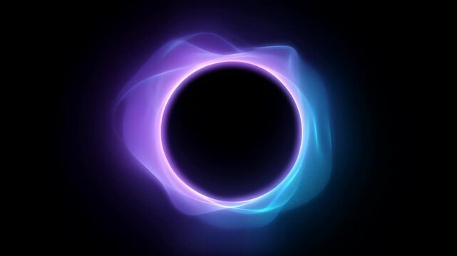 Glowing tech technology wave ai audio voice spectrum artificial network glowing ring of light forms flowing tech wave around dark circle suggesting ai audio voice spectrum and artificial network