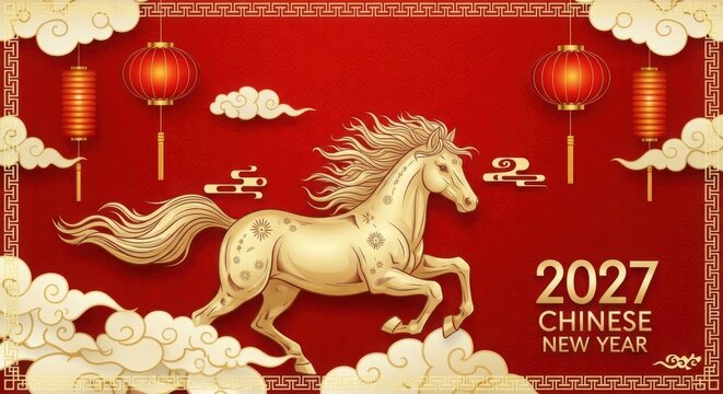 Gold horse on red background for chinese new year 2027 illustration