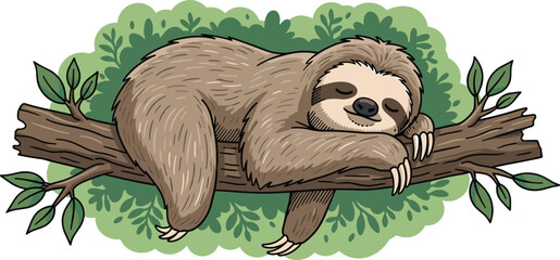Fototapeta premium Cute Sloth Sleeping on Tree Branch Illustration with Forest Leaves Cartoon Animal Wildlife Design for Relaxation Nature Themes and Kids Friendly Graphics