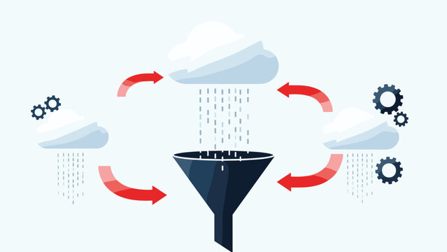 Large funnel collecting data from raining clouds represents the process of information gathering and analysis workflow.