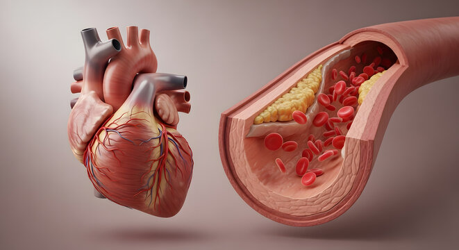 Human heart organ next to a cross section of a clogged artery showing plaque and red blood cells