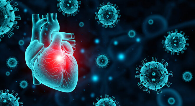 Human heart with a highlighted red area surrounded by numerous floating virus particles in the bloodstream