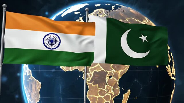 Flags of India and Pakistan against World Map - This video shows the flags of India and Pakistan waving side-by-side, with a world map in the background.