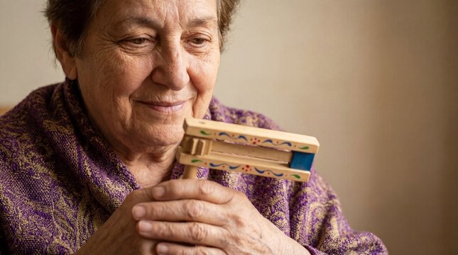 Elderly woman smiling while holding a traditional Purim gragger close up