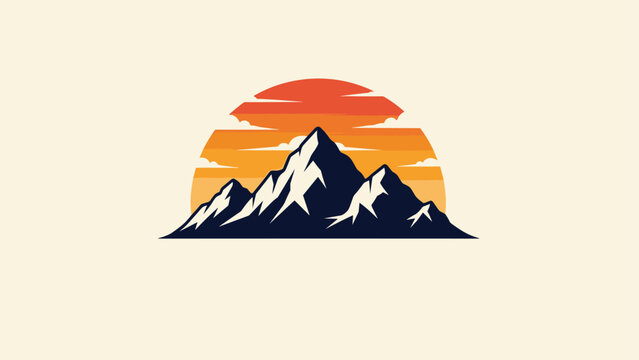 Minimalist mountain range landscape illustration with peaks and ridges in front of large orange glowing setting sun.