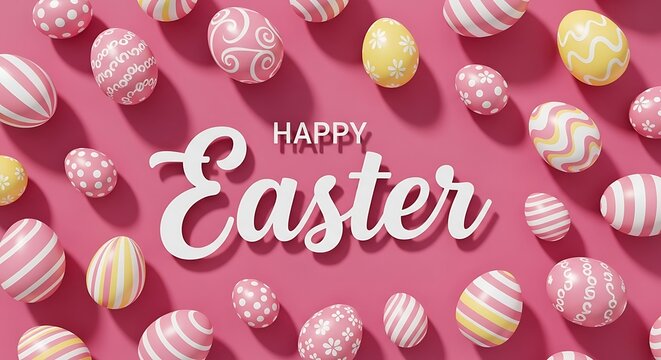 Happy easter celebration with colorful eggs on pink background