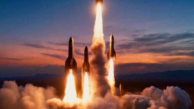 Multiple futuristic silver rockets launching from a desert landscape during a beautiful sunset sky