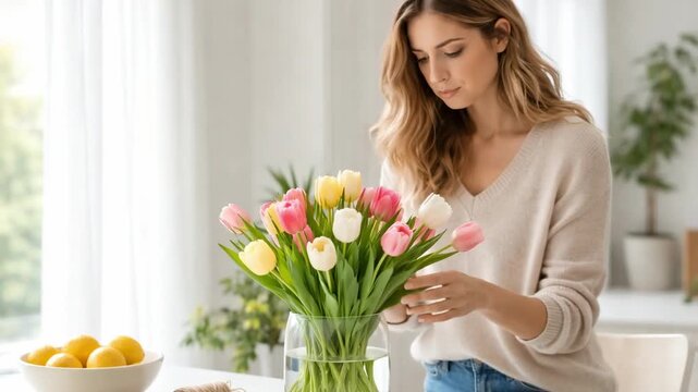 Young woman arranging fresh tulips in vase at bright home kitchen creating calm lifestyle and spring mood