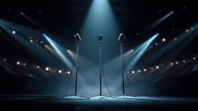 Three gleaming chrome vintage microphones stand ready on a dimly lit stage with dramatic spotlights