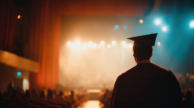 Rear View of Male Graduate Wearing Cap and Gown Waiting Offstage in the Shadows of an Auditorium for Commencement Ceremony Invitation and Academic Achievement