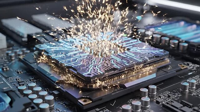 Futuristic AI Microchip Processor - A close-up of a futuristic AI microchip processor with intricate circuit patterns and glowing elements.