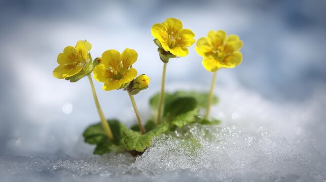 Brightly Colored Spring Flowers Pushing Through Snow in a Natural Outdoor Setting