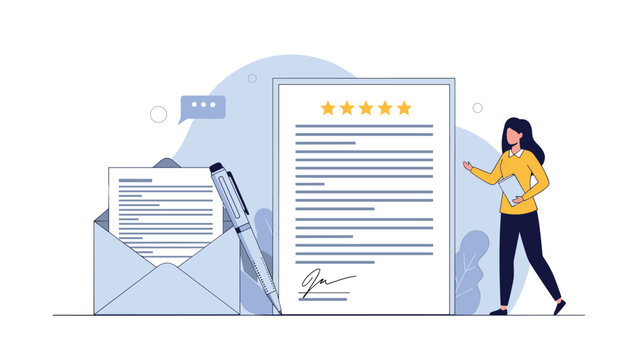 Woman in a yellow sweater standing next to a large five-star review document and an open envelope with a letter representing customer feedback.