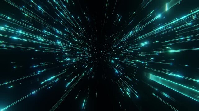 Dynamic teal light streaks zooming through dark space creating hyperspace effect. Abstract futuristic motion background sci-fi technology data transfer. High energy fast movement.