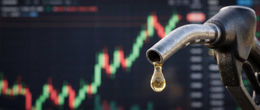 Worn gasoline petroleum fuel nozzle, soaring oil price graph of energy market surge crisis growth trends display in blurred dark background. Copy space