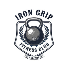 Fitness Club Emblem with Kettlebell and Retro Laurel Wreaths © Anastasia