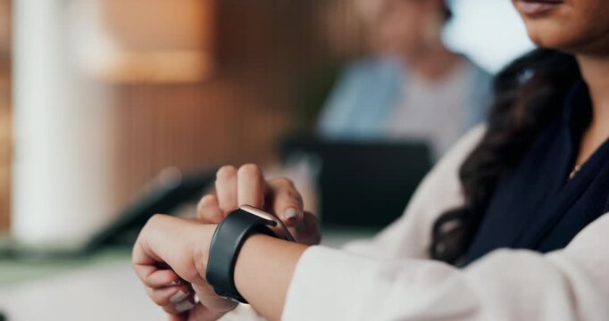 Employee, online and hands with smart watch, office and time management for pr project and campaign. Scroll, timer and person with tech for assignment schedule, brand specialist and plan for deadline