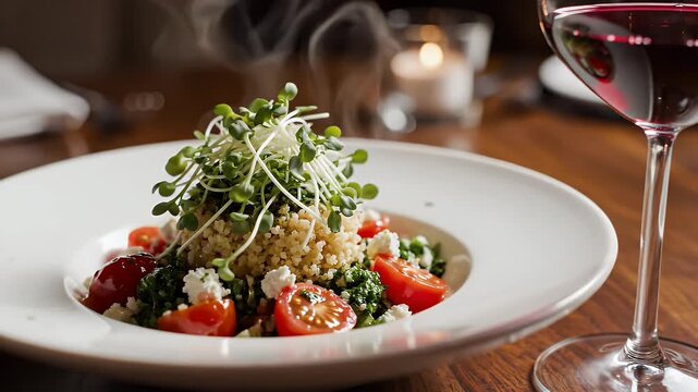 Gourmet Couscous Salad with Microgreens - A close-up shot showcases a gourmet couscous salad featuring cherry tomatoes, fresh herbs, and a generous topping of microgreens, served on a white plate.