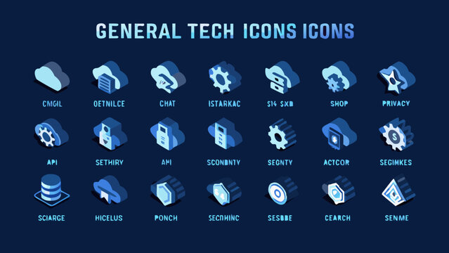Isometric blue tech icons collection presented on a dark background