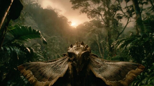 Majestic fantasy dragon with outstretched wings in a misty jungle mountain landscape at sunset