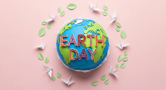 Celebrate Earth Day with this vibrant flat lay featuring a globe, "EARTH DAY" text, paper leaves, and origami birds, ideal for environmental awareness, sustainability campaigns, educational content,