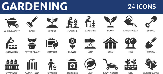 Gardening 24 icon set. Containing plant, gardener, sprout, leaf, planting, seedling, shovel, watering can, rake, cultivation and more. © Deloara