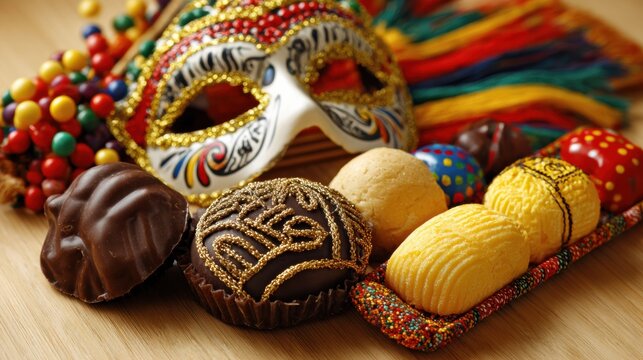 Table displays a variety of traditional Purim sweets and colorful decorations during the holiday celebration in springtime.