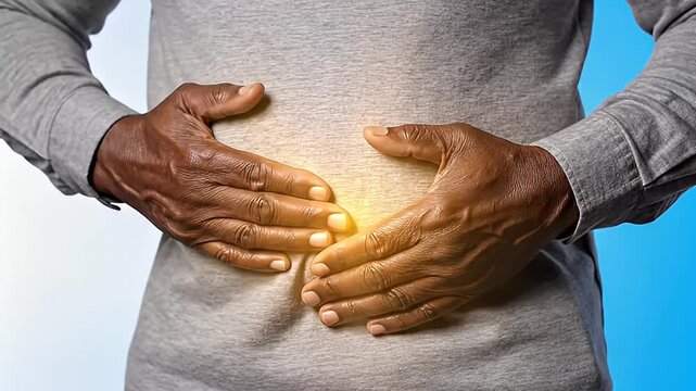 African American Man Clutching Stomach with Severe Abdominal Pain
