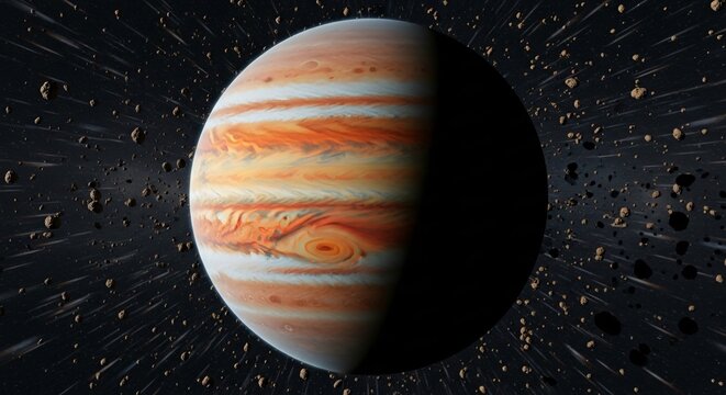 Dynamic Jupiter against a star-strewn asteroid field, ideal for astronomy education, space exploration documentaries, futuristic game backgrounds, scientific presentations, or sci-fi web design.