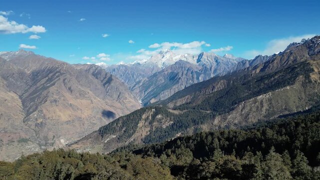 Aerial View of Nanda Devi and Dronagiri Peaks from Kuari Pass, Uttarakhand India &ndash; Drone 4K