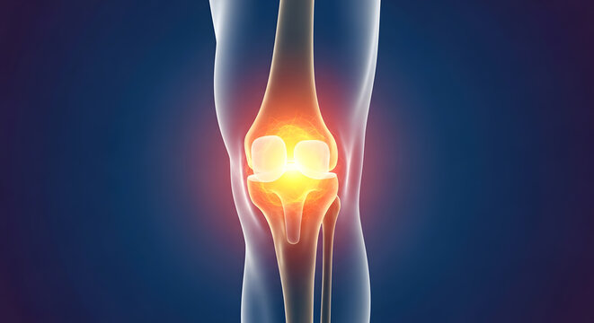 Human knee joint with an intense glow indicating pain or inflammation, illustrating orthopedic medical conditions